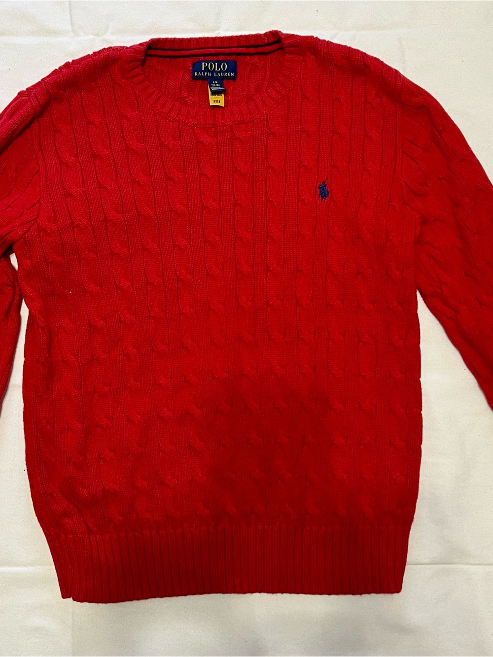 Polo Ralph Lauren Boys Cable Knit Sweater Sz L 14-16 Red Crewneck Pony Logo